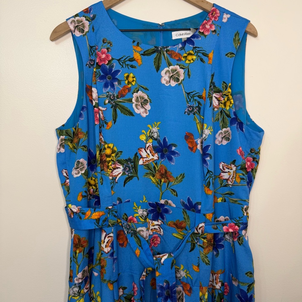 Calvin Klein Blue Floral Midi Dress Sleeveless Women's Size 16W Beach Resort - Picture 2 of 9